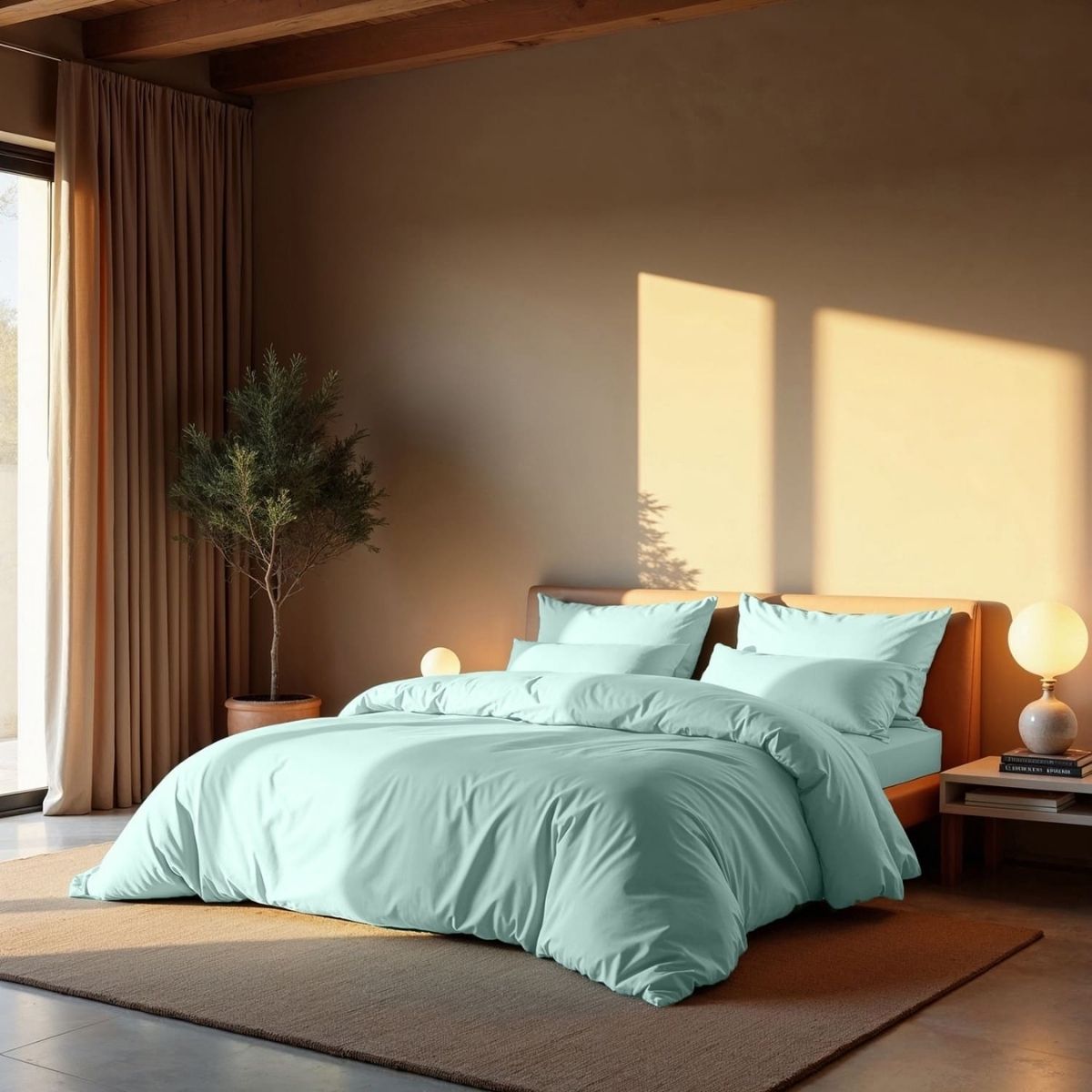 Lyocell Luxus Bettwäsche in der Farbe Ice Blue wird vom Sonnenlicht angestrahlt