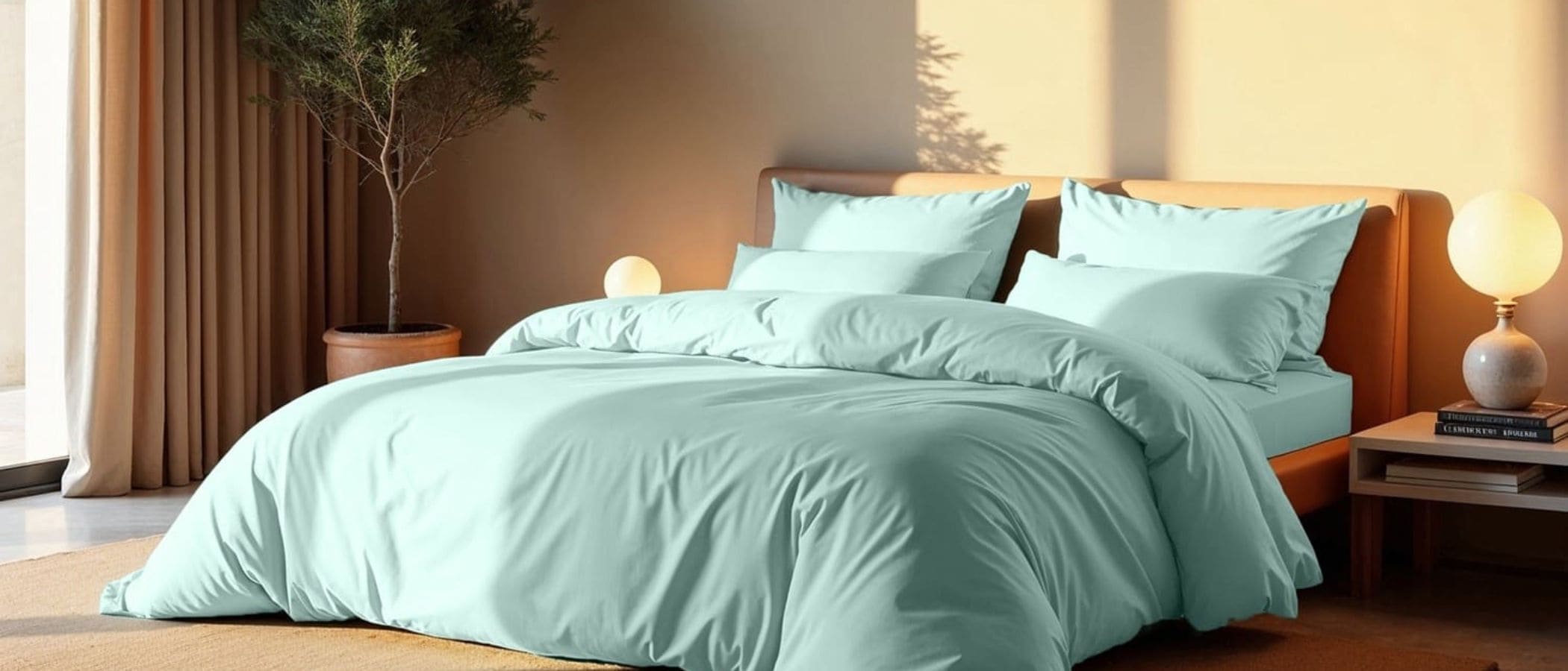 Eine Luxus Bettwäsche in der Farbe Ice Blue wird von der Sonne angestrahlt